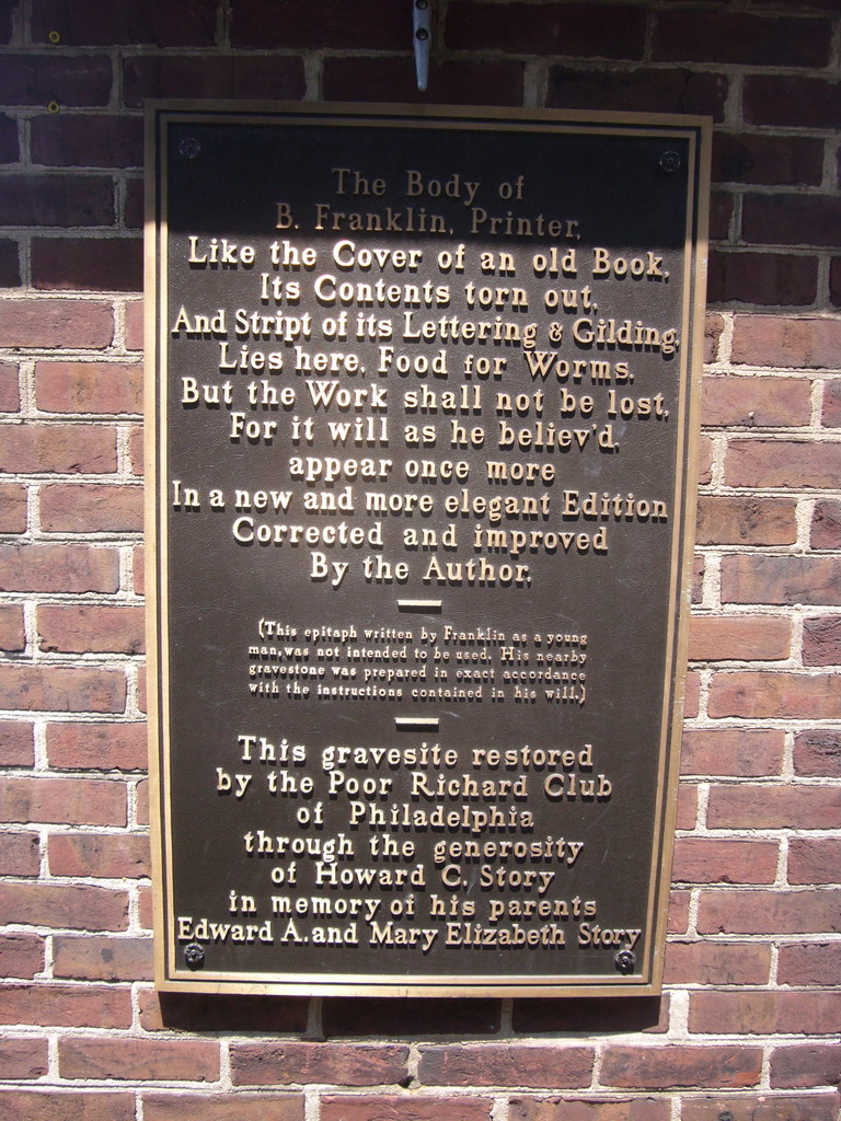 Inscription at the grave of Benjamin Franklin, at Christ Church Burial Ground