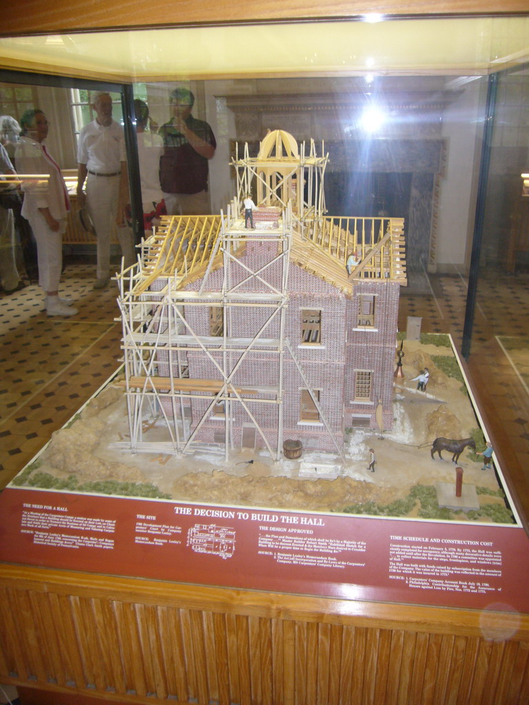 Scale model of Carpenter`s Hall during its construction, inside Carpenter`s Hall, with explanation