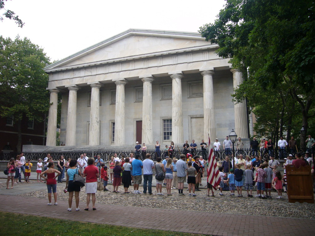 The back side of the Second Bank of the United States, with Independence Day actors and tourists