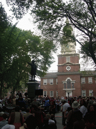 Independence Day ceremony at Independence Square, with Independence Hall and the Commodore John Barry statue