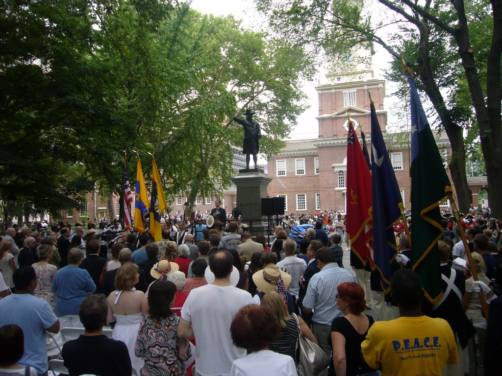 Independence Day ceremony at Independence Square, with Independence Hall and the Commodore John Barry statue