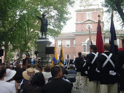 Independence Day ceremony at Independence Square, with Independence Hall and the Commodore John Barry statue