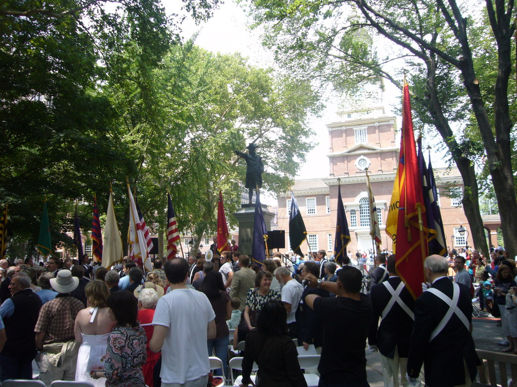 Independence Day ceremony at Independence Square, with Independence Hall and the Commodore John Barry statue