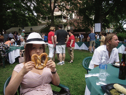 Miaomiao with a Philly Soft Pretzel at the City Tavern