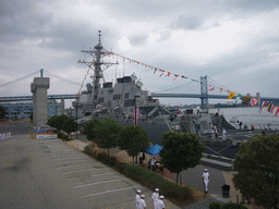 The Benjamin Franklin Bridge and a navy boat, from Penn`s Landing