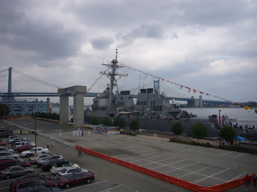 The Benjamin Franklin Bridge and a navy boat, from Penn`s Landing