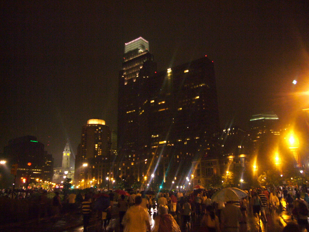 Skyline of Philadelphia and the tower of the Philadelphia City Hall, from Logan Square, by night