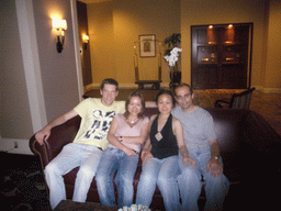 Tim, Miaomiao and Miaomiao`s friends in the lobby of the Club Quarters in Philadelphia hotel