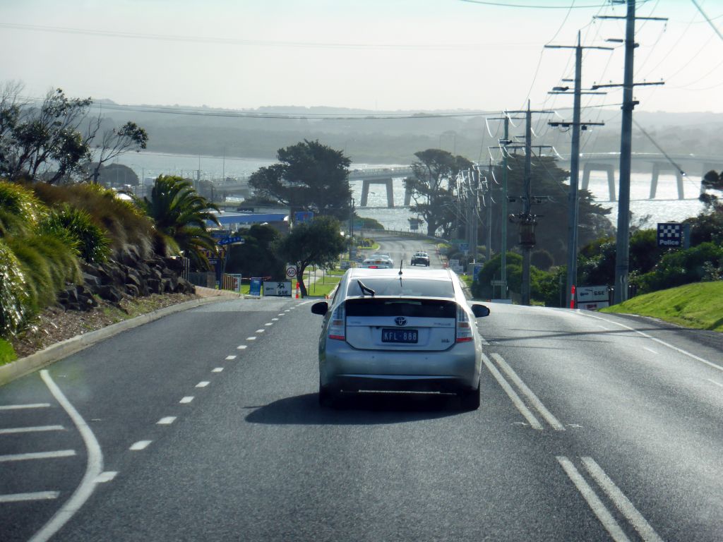 Phillip Island Road at San Remo, and the Phillip Island Bridge over the Western Port Bay, viewed from our tour bus