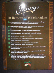 Poster with 10 reasons to eat chocolate, at the Phillip Island Chocolate Factory