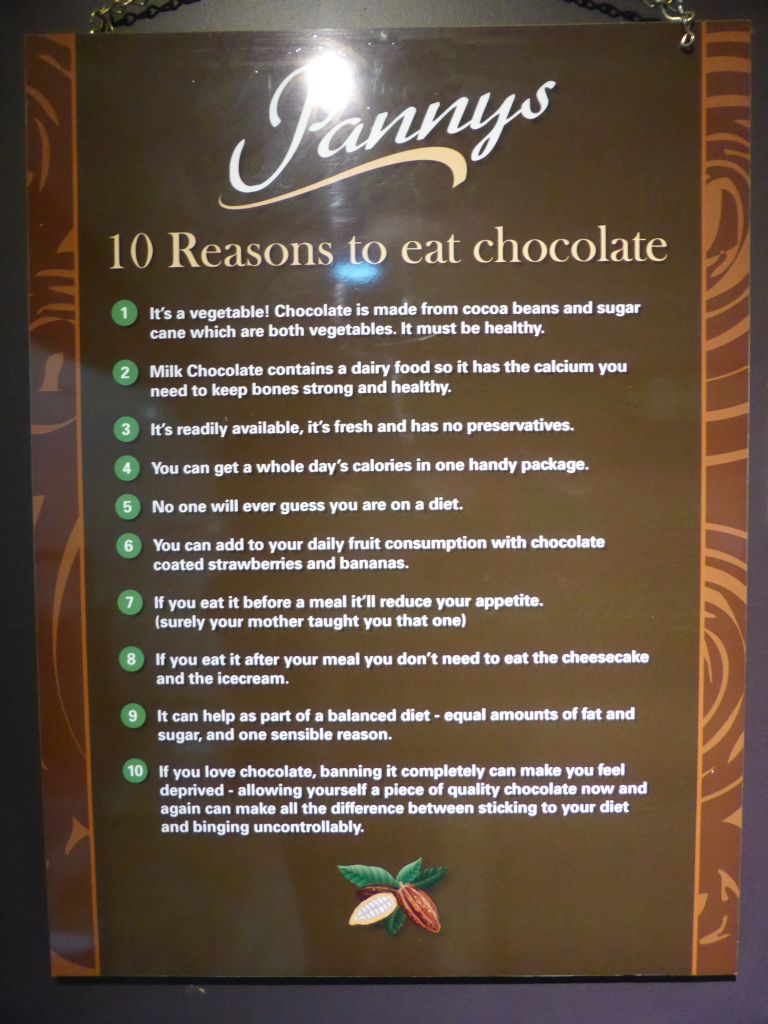 Poster with 10 reasons to eat chocolate, at the Phillip Island Chocolate Factory
