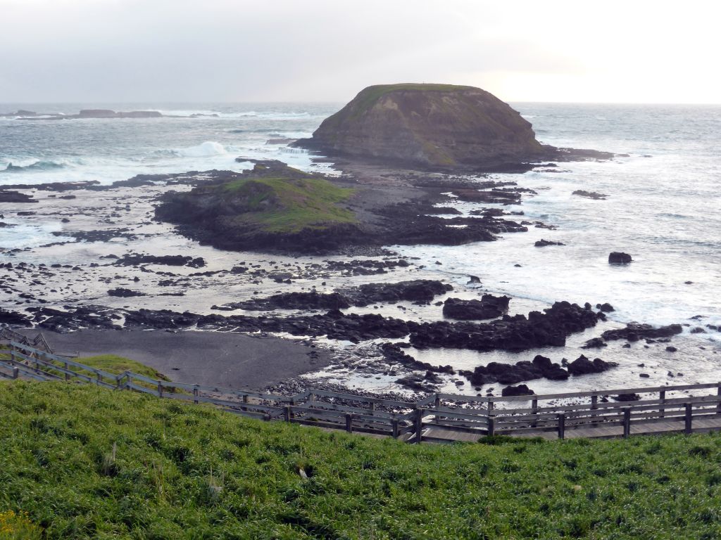 Round Island, the Seal Rocks and cliffs at the Bass Strait, viewed from the Nobbies Boardwalk