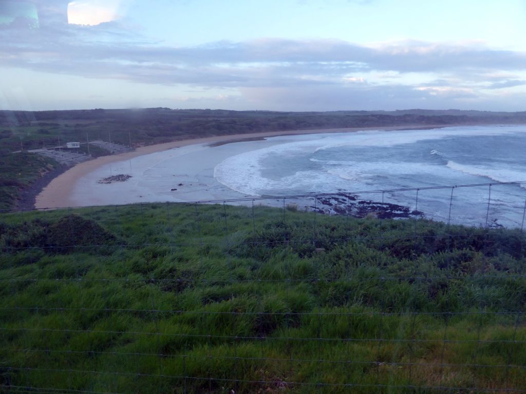 The Penguin Parade Beach with the grandstand, viewed from our tour bus at St. Helens Road