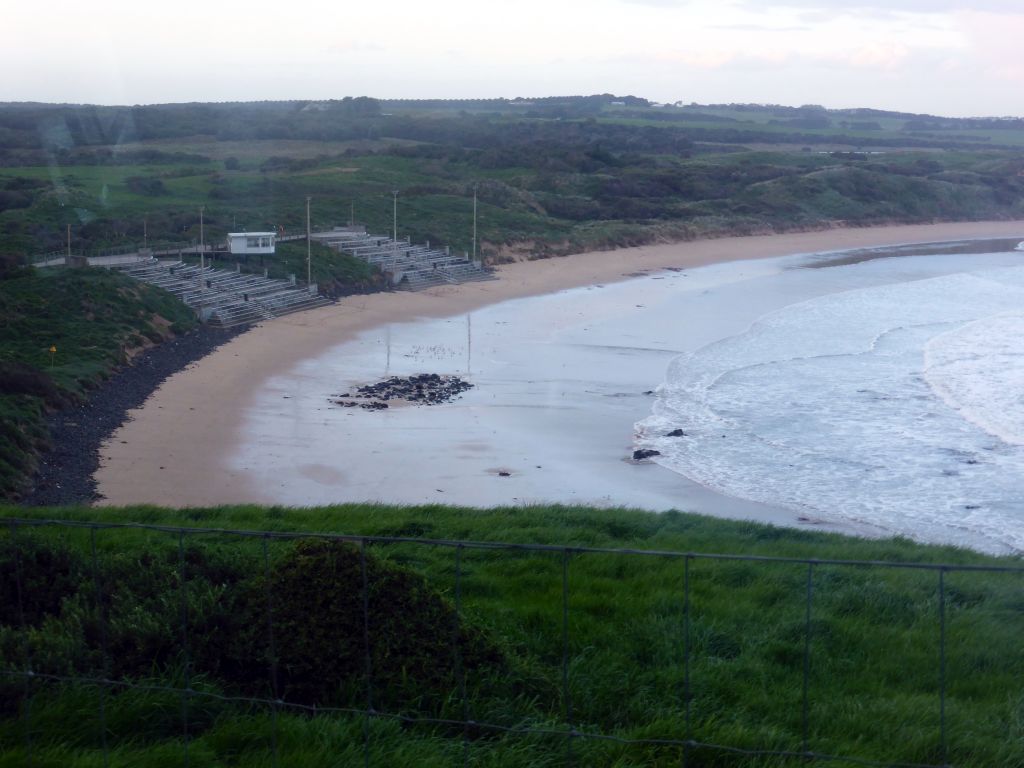 The Penguin Parade Beach with the grandstand, viewed from our tour bus at St. Helens Road