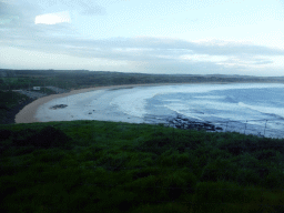 The Penguin Parade Beach with the grandstand, viewed from our tour bus at St. Helens Road