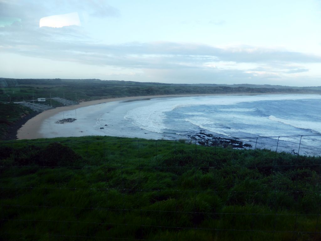 The Penguin Parade Beach with the grandstand, viewed from our tour bus at St. Helens Road