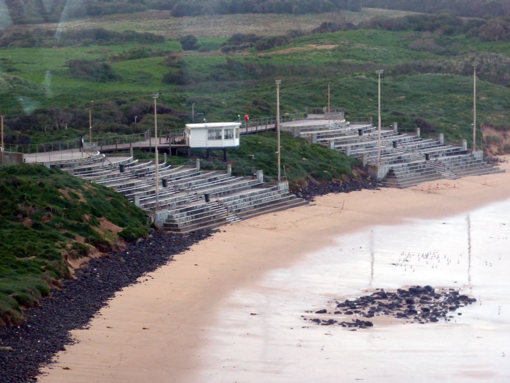 The grandstand at the Penguin Parade Beach, viewed from our tour bus at St. Helens Road