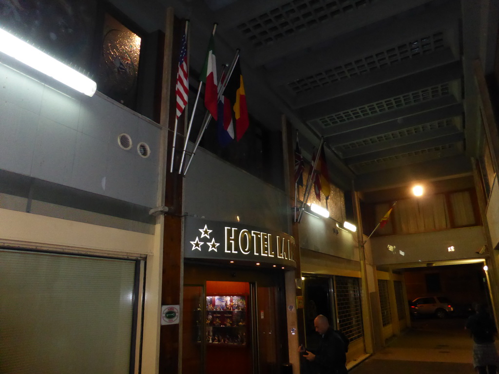 The front of Hotel La Pace at the Viale Antonio Gramsci street, by night