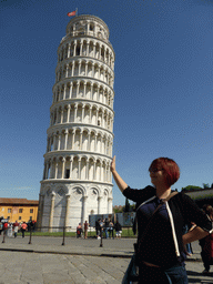 Miaomiao with the Leaning Tower of Pisa at the Piazza del Duomo square