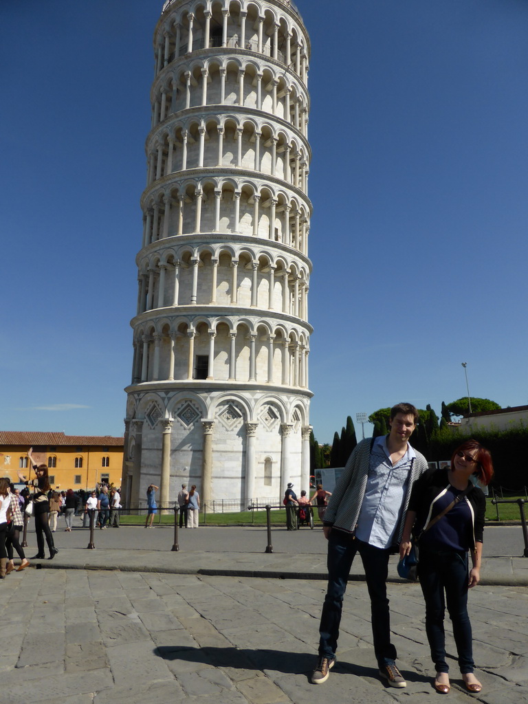 Tim and Miaomiao with the Leaning Tower of Pisa at the Piazza del Duomo square