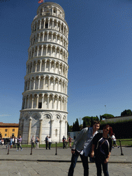 Tim and Miaomiao with the Leaning Tower of Pisa at the Piazza del Duomo square