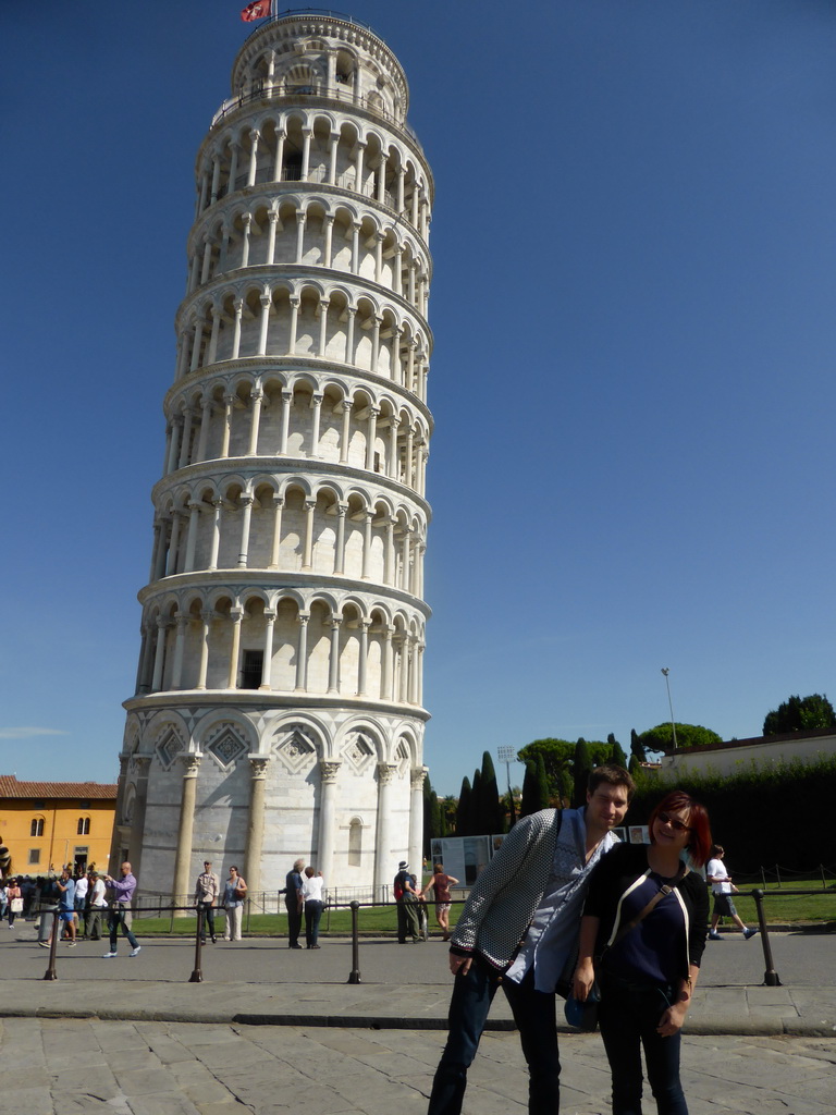 Tim and Miaomiao with the Leaning Tower of Pisa at the Piazza del Duomo square