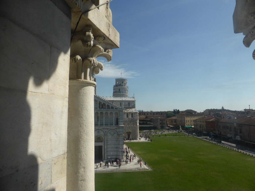 The Pisa Duomo cathedral and the Leaning Tower of Pisa at the Piazza del Duomo square, viewed from the Baptistry of St. John