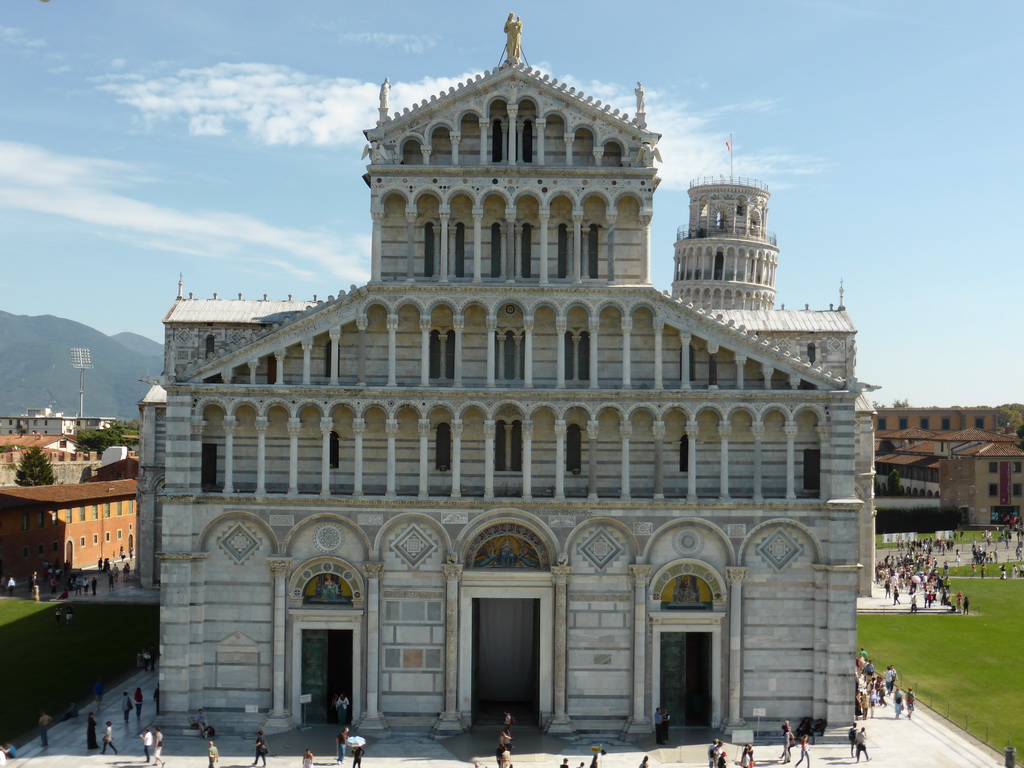 The Pisa Duomo cathedral and the Leaning Tower of Pisa at the Piazza del Duomo square, viewed from the Baptistry of St. John
