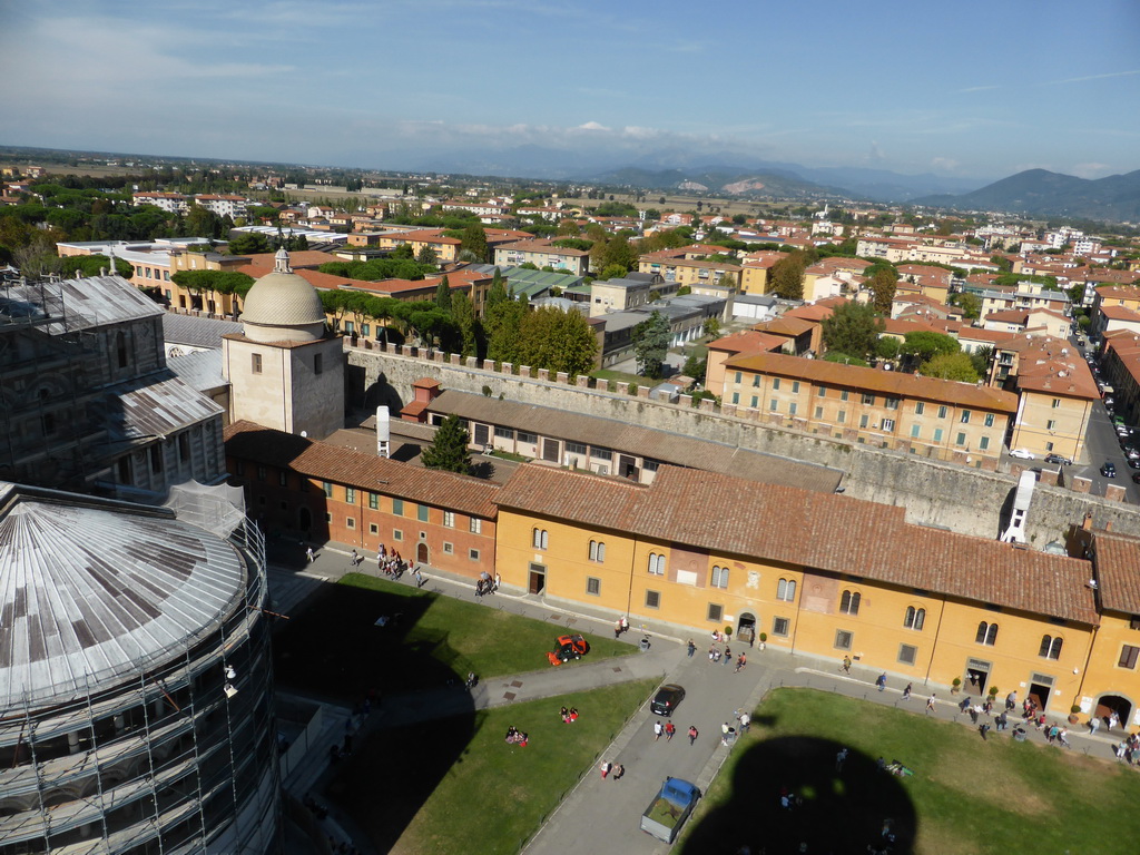 The Piazza del Duomo square with the Pisa Duomo cathedral, the Camposanto Monumentale cemetery, the Opera della Primaziale Pisana vestry, the City Wall and the northwest side of the city, viewed from the Leaning Tower of Pisa