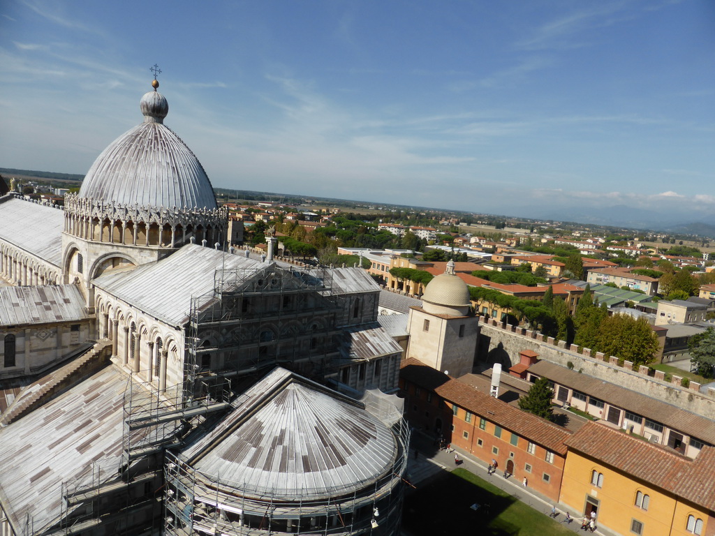 The Piazza del Duomo square with the Pisa Duomo cathedral, the Camposanto Monumentale cemetery, the Opera della Primaziale Pisana vestry, the City Wall and the northwest side of the city, viewed from the Leaning Tower of Pisa