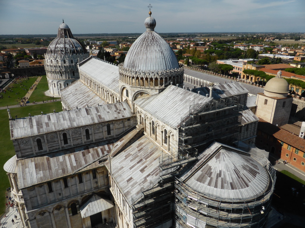 The Piazza del Duomo square with the Pisa Duomo cathedral, the Baptistry of St. John, the Camposanto Monumentale cemetery, the City Wall and the west side of the city, viewed from the Leaning Tower of Pisa