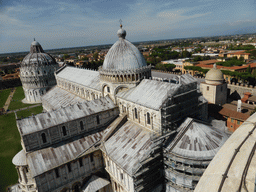 The Piazza del Duomo square with the Pisa Duomo cathedral, the Baptistry of St. John, the Camposanto Monumentale cemetery, the City Wall and the west side of the city, viewed from the Leaning Tower of Pisa