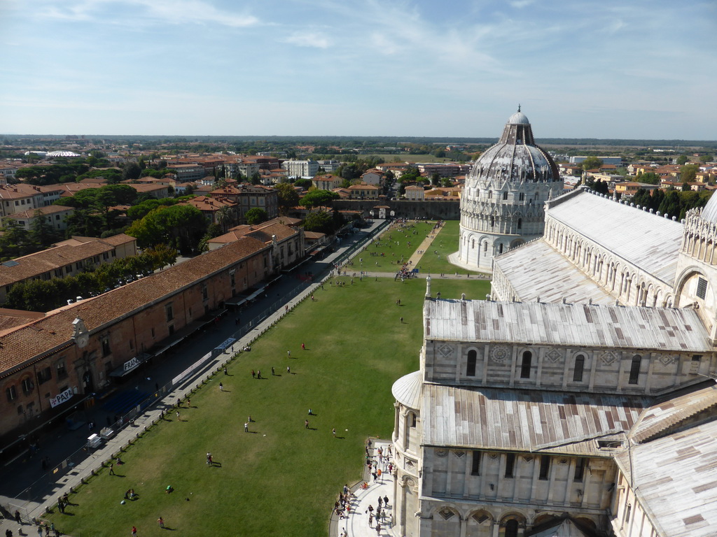 The Piazza del Duomo square with the Pisa Duomo cathedral, the Baptistry of St. John, the City Wall and the southwest side of the city, viewed from the Leaning Tower of Pisa