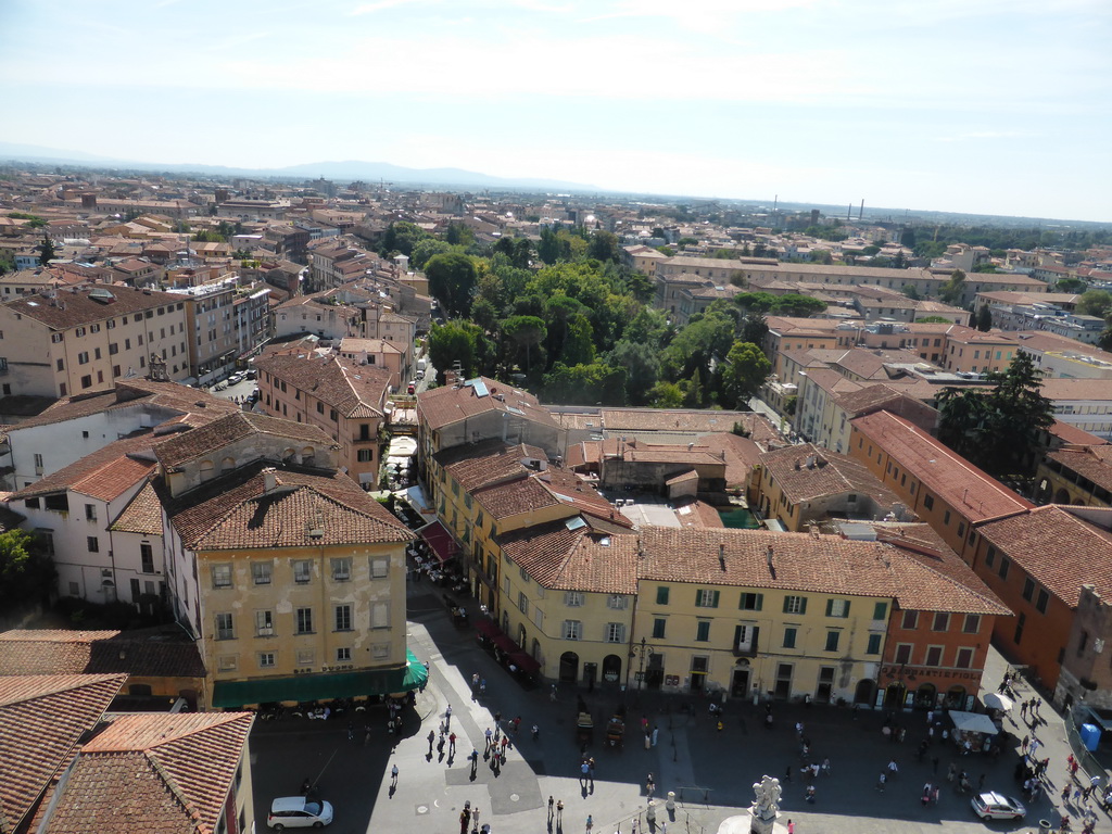 The Piazza del Duomo square with the Fontana dei Putti fountain, the Via Roma street, the Via Santa Maria street, the Botanical Gardens and the south side of the city, viewed from the Leaning Tower of Pisa