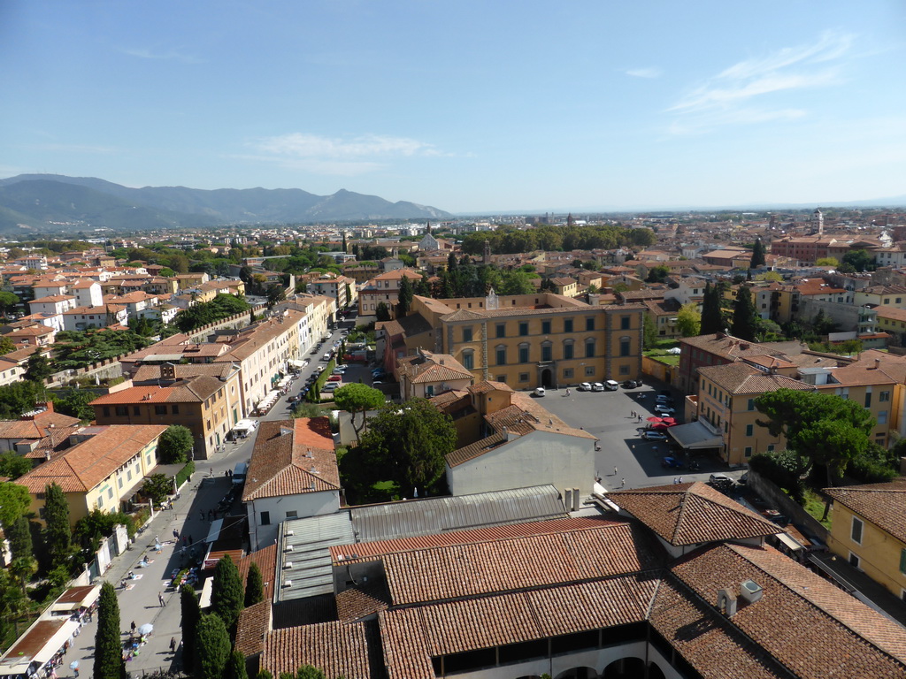 The Museo dell`Opera del Duomo museum, the Via Cardinale Maffi Pietro street, the Piazza Arcivescovado square with the Archbishop Palace and the east side of the city, viewed from the Leaning Tower of Pisa