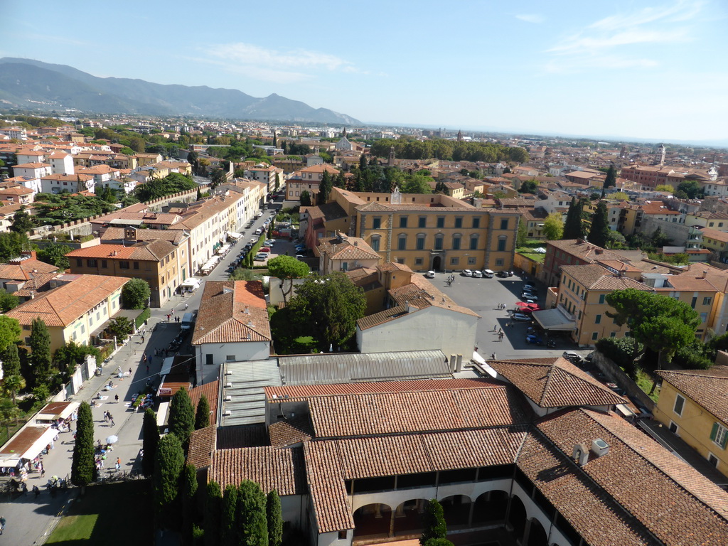 The Museo dell`Opera del Duomo museum, the Via Cardinale Maffi Pietro street, the Piazza Arcivescovado square with the Archbishop Palace and the east side of the city, viewed from the Leaning Tower of Pisa