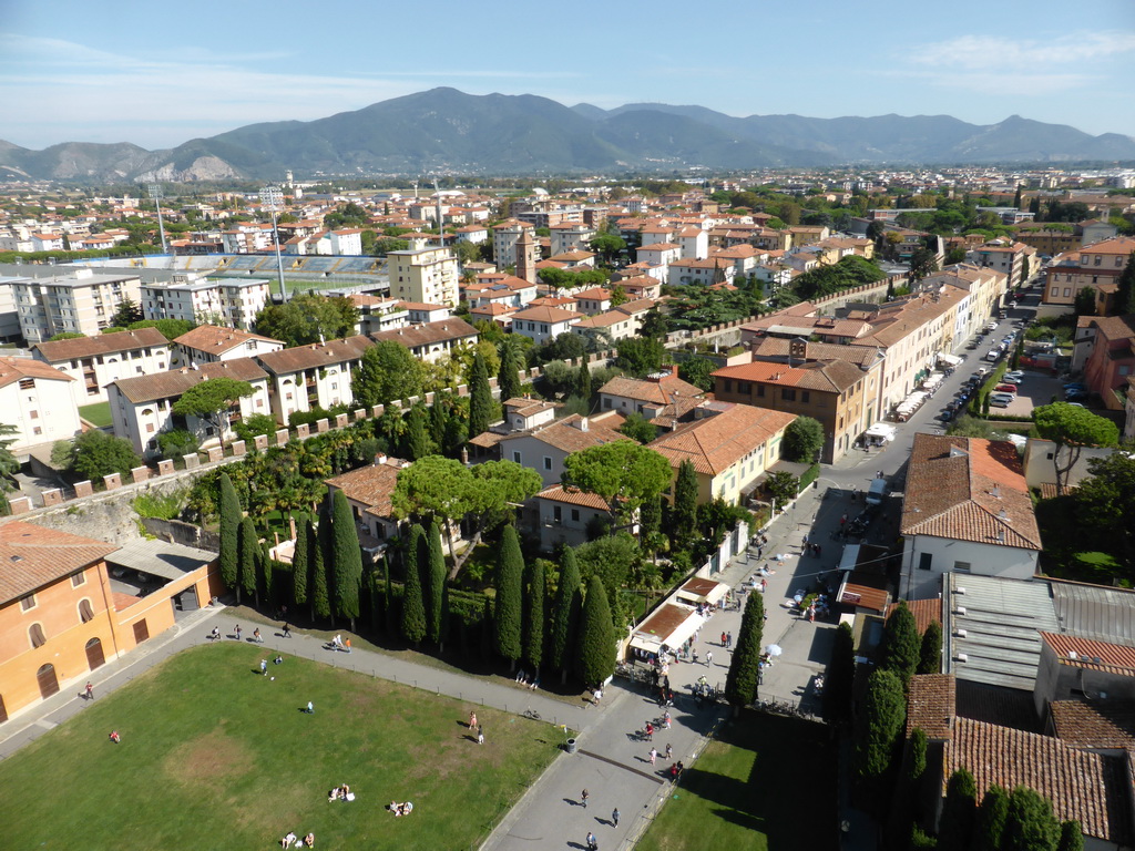 The Piazza del Duomo square with the Opera della Primaziale Pisana vestry, the Via Cardinale Maffi Pietro street, the City Wall, the Arena Garibaldi (Stadio Romeo Anconetani) and the northeast side of the city, viewed from the Leaning Tower of Pisa