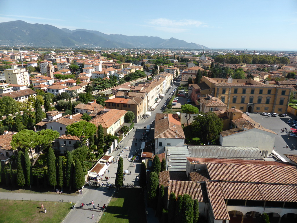 The Piazza del Duomo square, the Via Cardinale Maffi Pietro street, the City Wall, the Museo dell`Opera del Duomo museum, the Piazza Arcivescovado square with the Archbishop Palace and the east side of the city, viewed from the Leaning Tower of Pisa