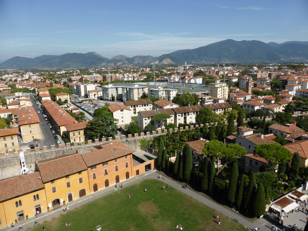 The Piazza del Duomo square with the Opera della Primaziale Pisana vestry, the City Wall, the Arena Garibaldi and the northeast side of the city, viewed from the Leaning Tower of Pisa