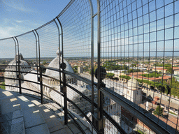 The top floor of the Leaning Tower of Pisa and a view on the Pisa Duomo cathedral, the Baptistry of St. John, the Camposanto Monumentale cemetery, the City Wall and the northwest side of the city