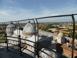 The top floor of the Leaning Tower of Pisa and a view on the Pisa Duomo cathedral, the Baptistry of St. John, the Camposanto Monumentale cemetery, the City Wall and the northwest side of the city