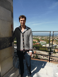 Tim at the top floor of the Leaning Tower of Pisa, with a view on the north side of the city