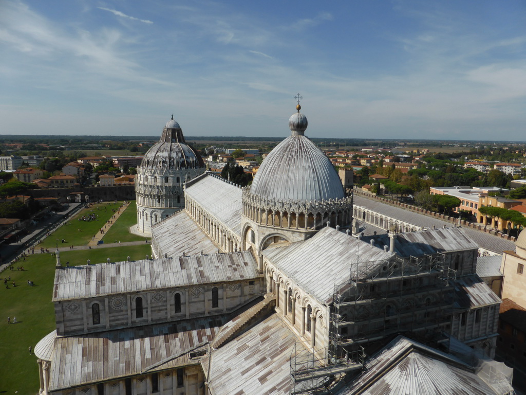 The Piazza del Duomo square with the Pisa Duomo cathedral, the Baptistry of St. John, the City Wall and the west side of the city, viewed from the Leaning Tower of Pisa