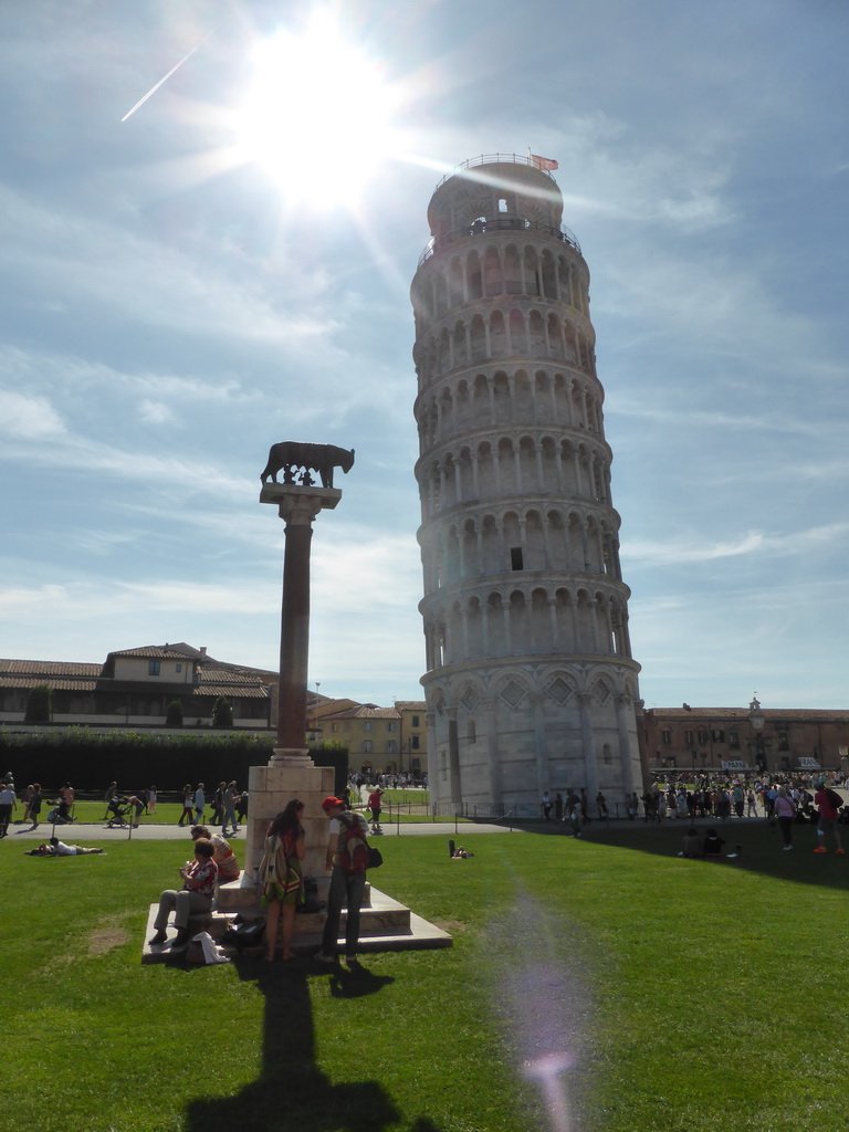 The Piazza del Duomo square with the Museo dell`Opera del Duomo museum, a statue of Romulus and Remus and the Leaning Tower of Pisa