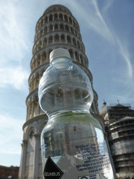 Bottle of water with the Leaning Tower of Pisa and the Pisa Duomo cathedral