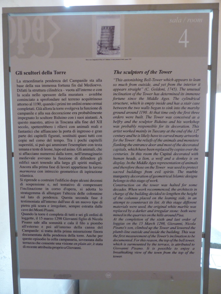 Explanation on the sculptors of the Leaning Tower of Pisa at the Museo dell`Opera del Duomo museum