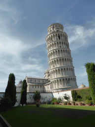 The Garden of the Museo dell`Opera del Duomo museum with a view on the Baptistry of St. John, the Pisa Duomo cathedral and the Leaning Tower of Pisa