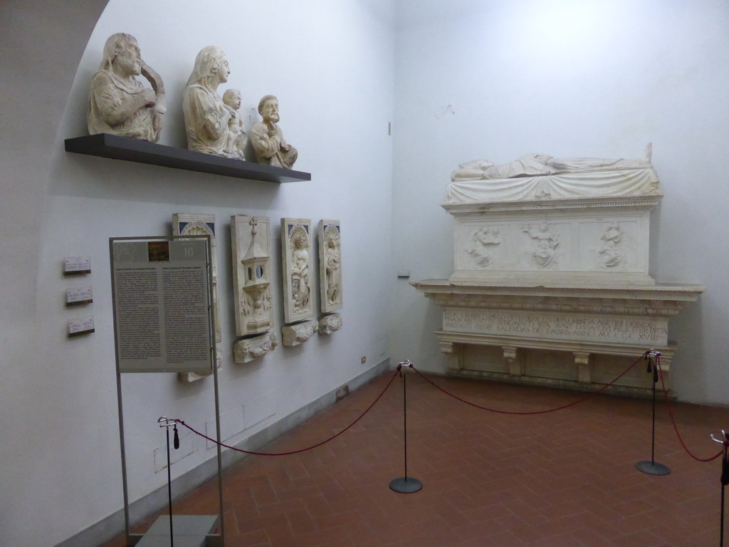 Busts, reliefs and tomb at the Museo dell`Opera del Duomo museum