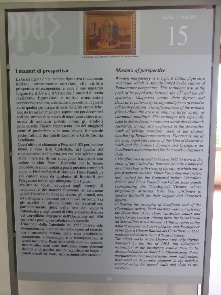 Explanation on wooden marquetery at the Museo dell`Opera del Duomo museum