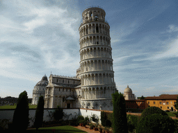 The Garden of the Museo dell`Opera del Duomo museum with a view on the Baptistry of St. John, the Pisa Duomo cathedral, the Leaning Tower of Pisa, the Camposanto Monumentale cemetery and the Opera della Primaziale Pisana vestry